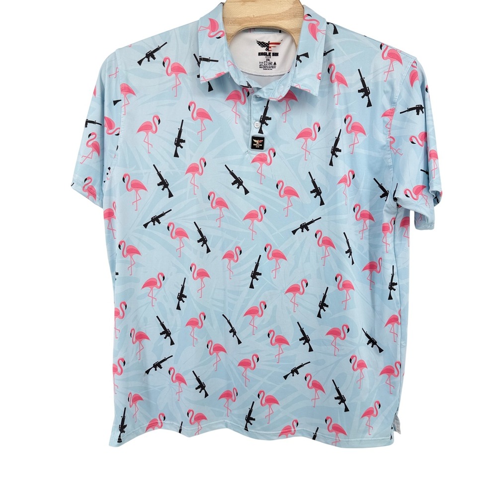 Eagle Six Gear Polo Shirt Mens 2XL Blue Flamingo Rifle Print Tactical Golf S/S